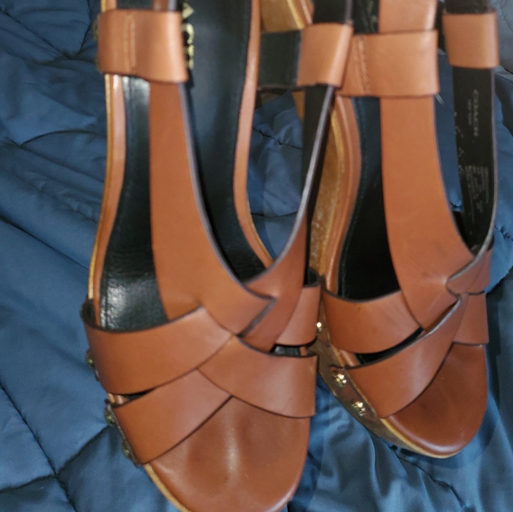 Coach chunky heels. Cognac leather and wood.